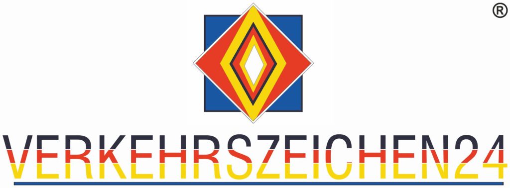 Logo von Verkehrszeichen24: In der Mitte ein stilisiertes Rautenmuster in Rot, Gelb, Orange und Blau, rechts oben ein ®-Symbol. Darunter der Schriftzug ‚VERKEHRSZEICHEN24‘ in Großbuchstaben mit Farbverlauf in Schwarz, Rot und Gelb, unterstrichen mit einer blauen Linie. Das Design erinnert an deutsche Verkehrssicherheit und Beschilderung.