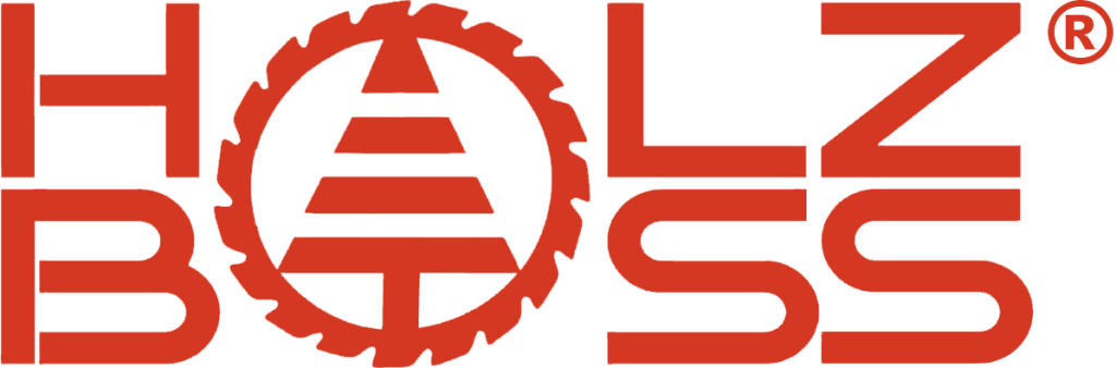 Logo von HOLZBOSS®: Der Schriftzug in kräftigem Rot, wobei das O durch ein stilisiertes Sägeblatt ersetzt ist. Innerhalb des Sägeblatts befindet sich ein stilisierter Tannenbaum aus horizontalen Balken. Das gesamte Design vermittelt Kraft, Präzision und einen Bezug zur Holzbearbeitung. Rechts oben ist das registrierte Markenzeichen-Symbol ®.